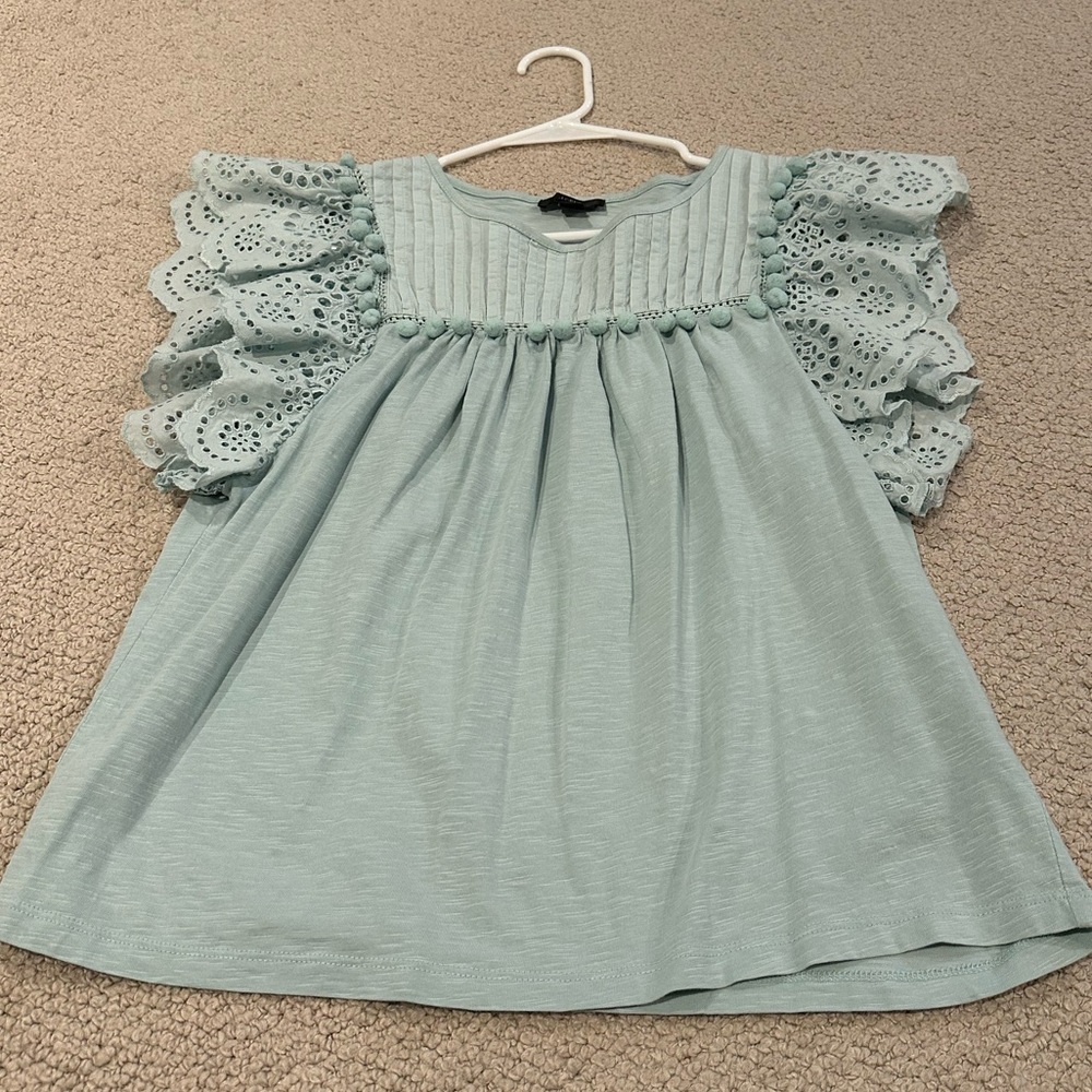 J. Crew Green Eyelet Top with Pom Pom Detailing